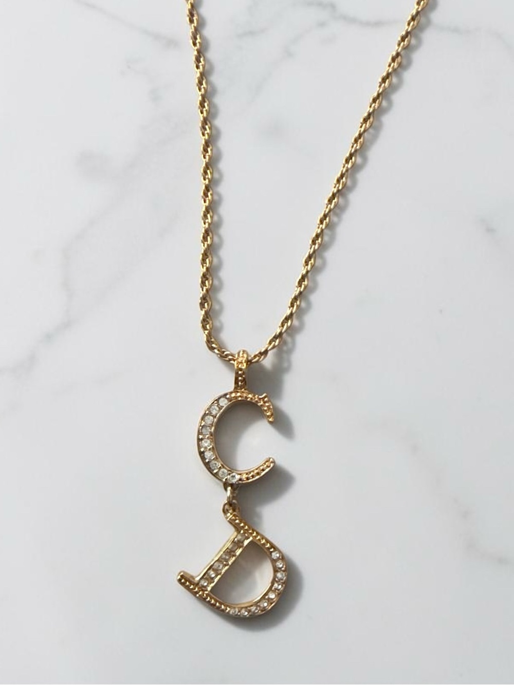 Christian Dior Vintage Rhinestone CD Logo Pendant Necklace Gold Tone